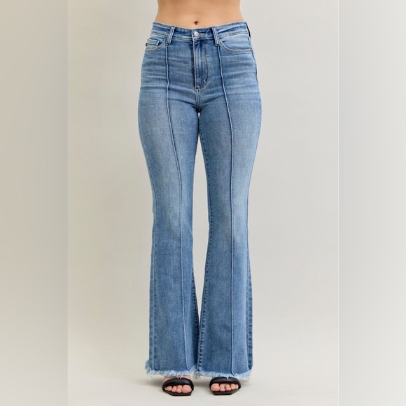 Judy Blue High Waist Flare Fray Hem Jeans with Front Pintuck Detail - Picture 1 of 11